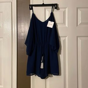 Navy blue spaghetti strap/cold shoulder romper.